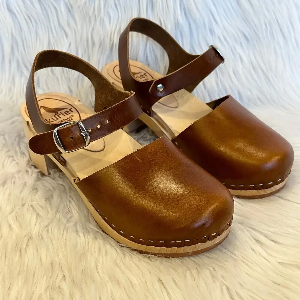 Kurier Charlie Mary Jane Clogs Leather High Heel Block Heel Wooden, Pecan Brown - Picture 4 of 14